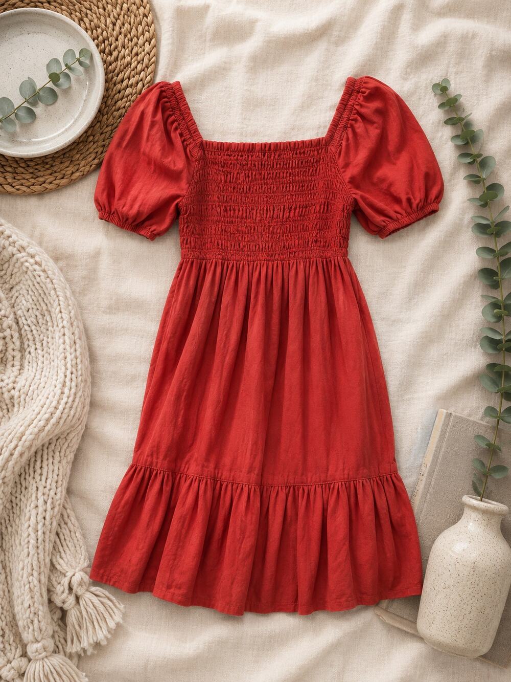 Isabel Maternity Ingrid & Isabel Red Linen Blend Smocked Midi Dress Prairie SZ M